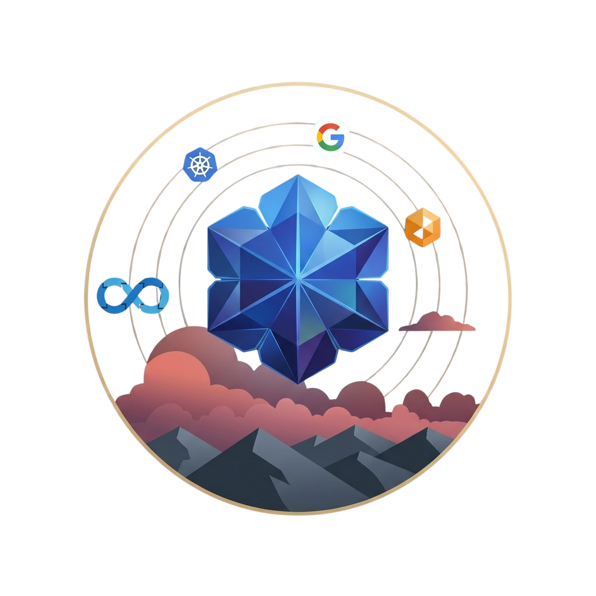 A digital illustration featuring a central blue geometric shape surrounded by icons of Kubernetes, Google, Amazon Web Services, and a cloud, all within concentric circles on a black background.