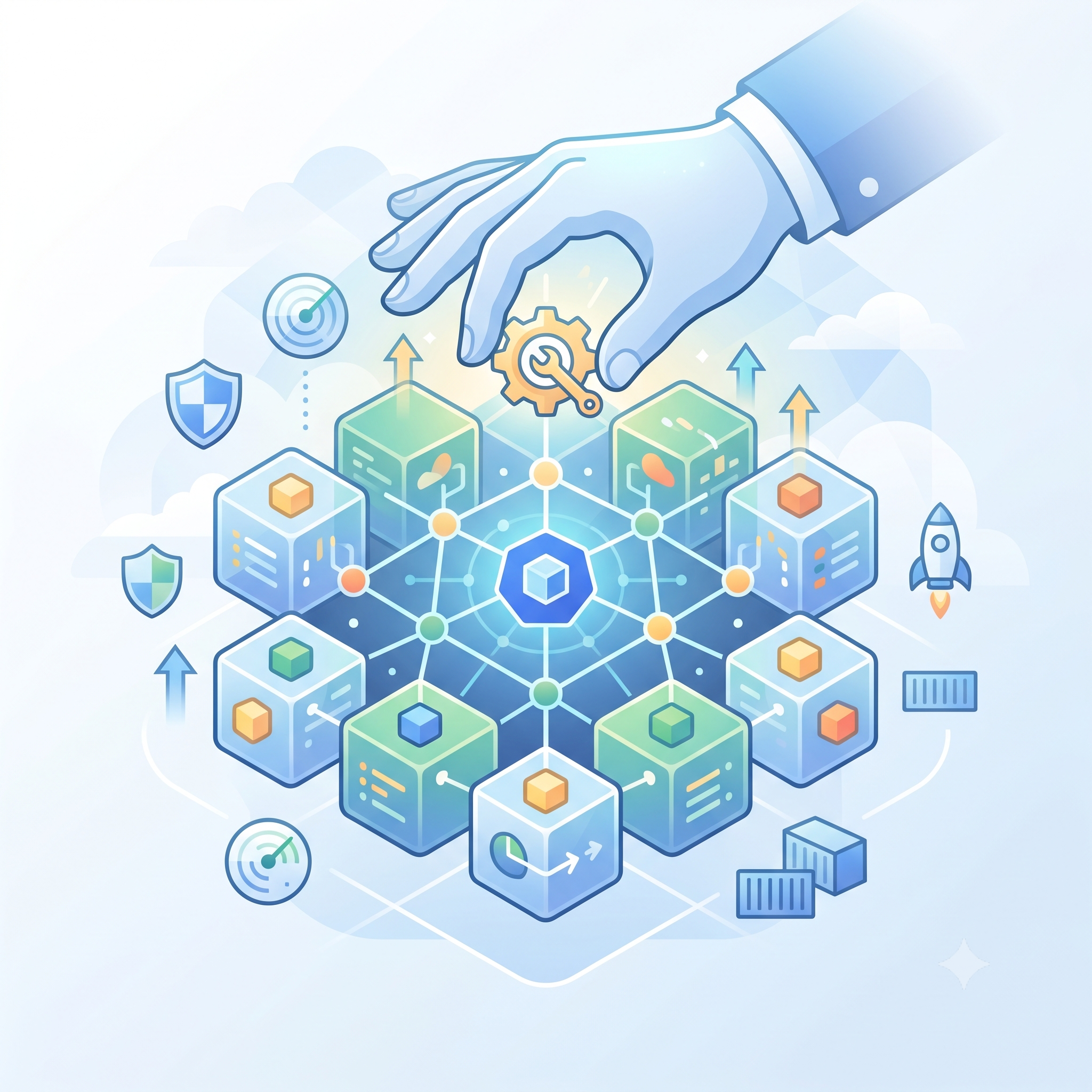 Digital illustration of a hand interacting with technology icons, including shield, shield with check mark, upward arrows, gears, and a rocket, symbolizing technology, innovation, and cybersecurity.