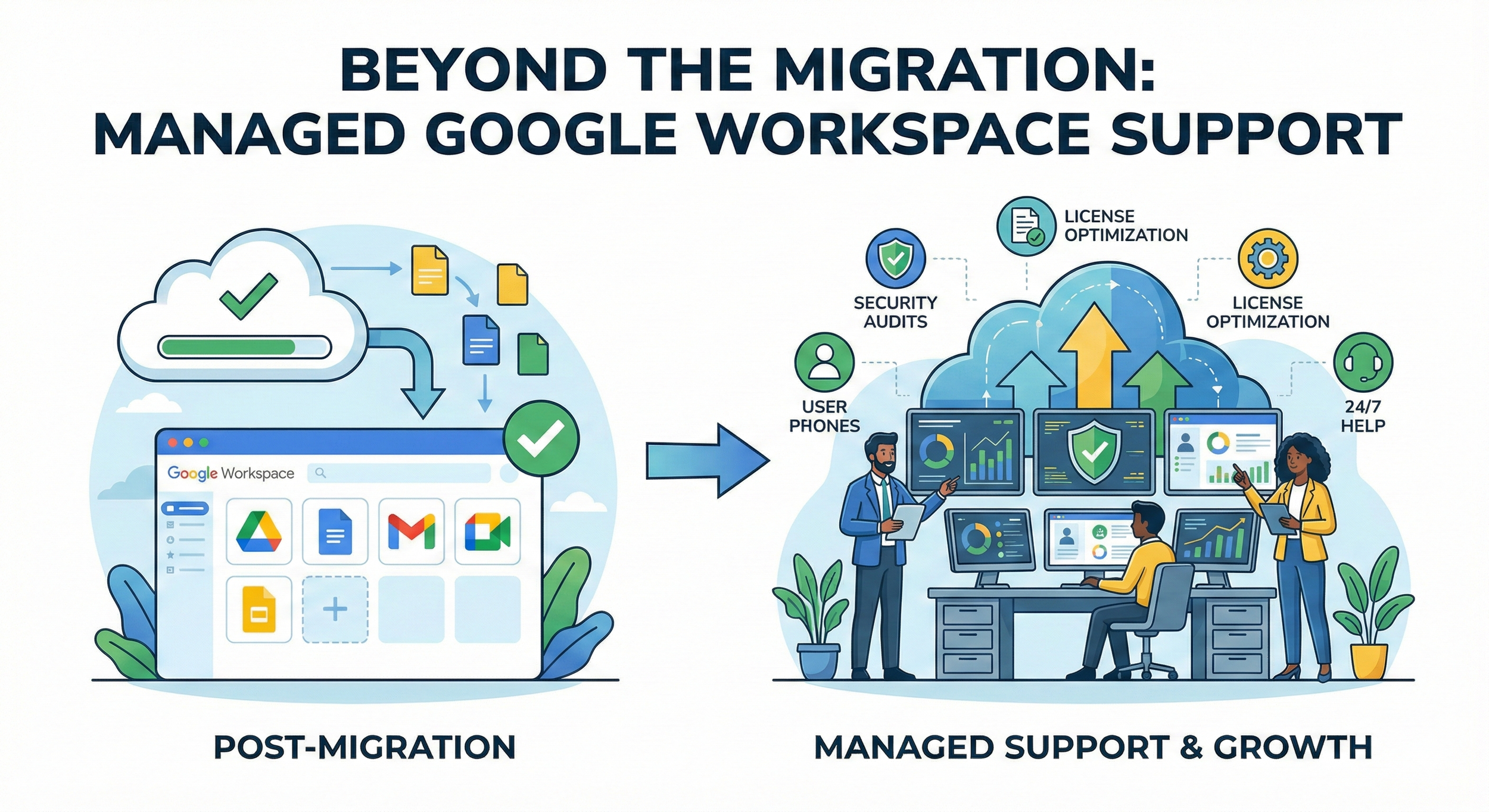 Flowchart illustrating Google Workspace management transition, with stages titled 'Post-Migration' showing a cloud, files, and Google Workspace icons, and 'Managed Support & Growth' showing IT professionals, multiple monitors, and icons for security and support services.