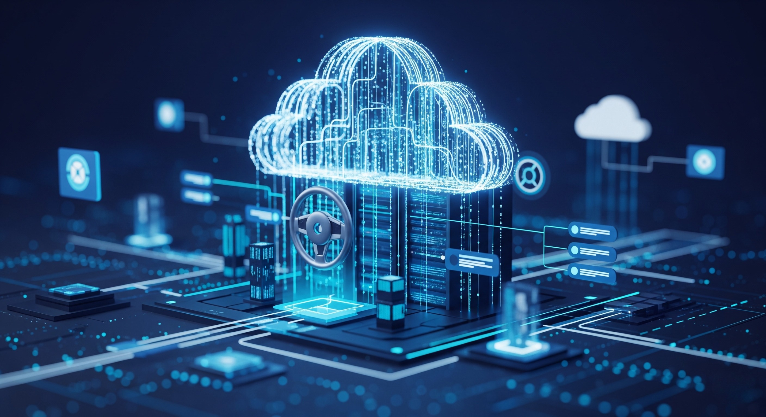 Digital illustration of cloud computing with a glowing cloud icon, interconnected data symbols, and a steering wheel, representing cloud technology and data security in a futuristic style.