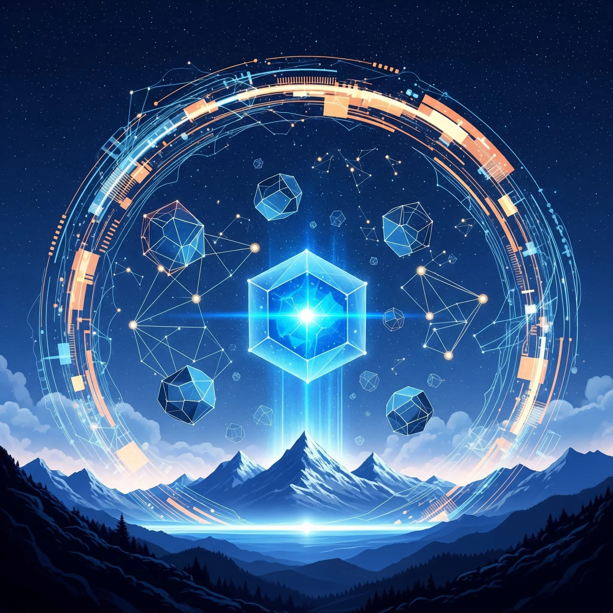 A digital artwork depicting futuristic technology with floating geometric shapes, glowing lines, and a central glowing cube with mountain scenery in the background.