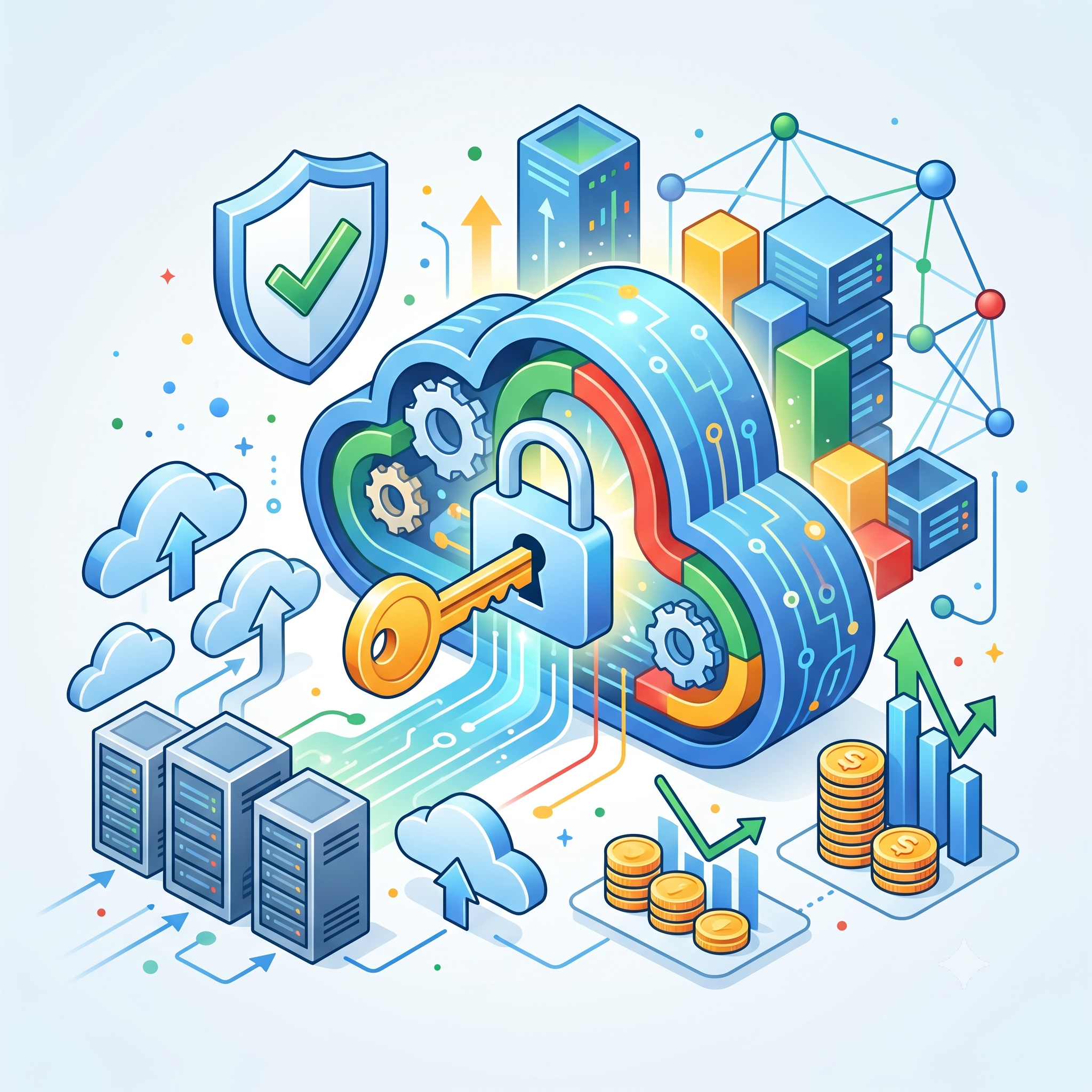 Illustration of cloud computing and data security, featuring cloud icons, server racks, interconnected nodes, gears, coins, and arrows indicating growth and data flow.