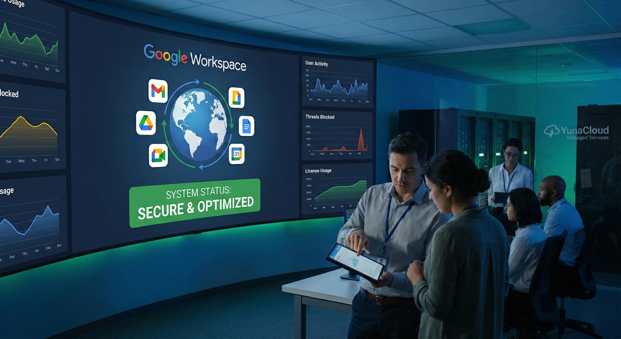 A group of professionals in a control room with multiple large digital screens displaying graphs, charts, and system status updates, including Google Workspace app icons and a status message indicating the system is secure and optimized.