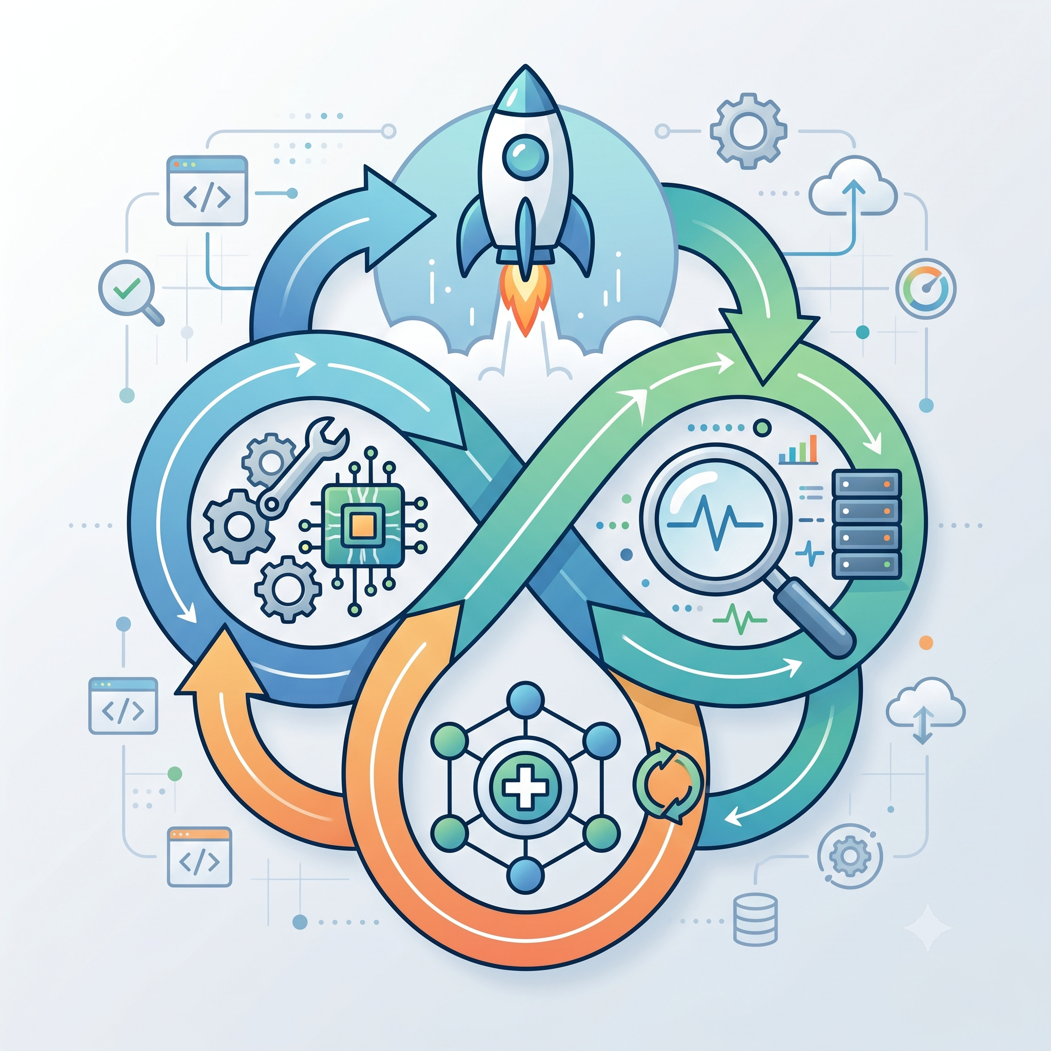 Abstract illustration of a scientific or technological process with a rocket launching at the top, surrounded by icons of gears, code snippets, magnifying glass, cloud upload, and various data symbols, emphasizing innovation and research.