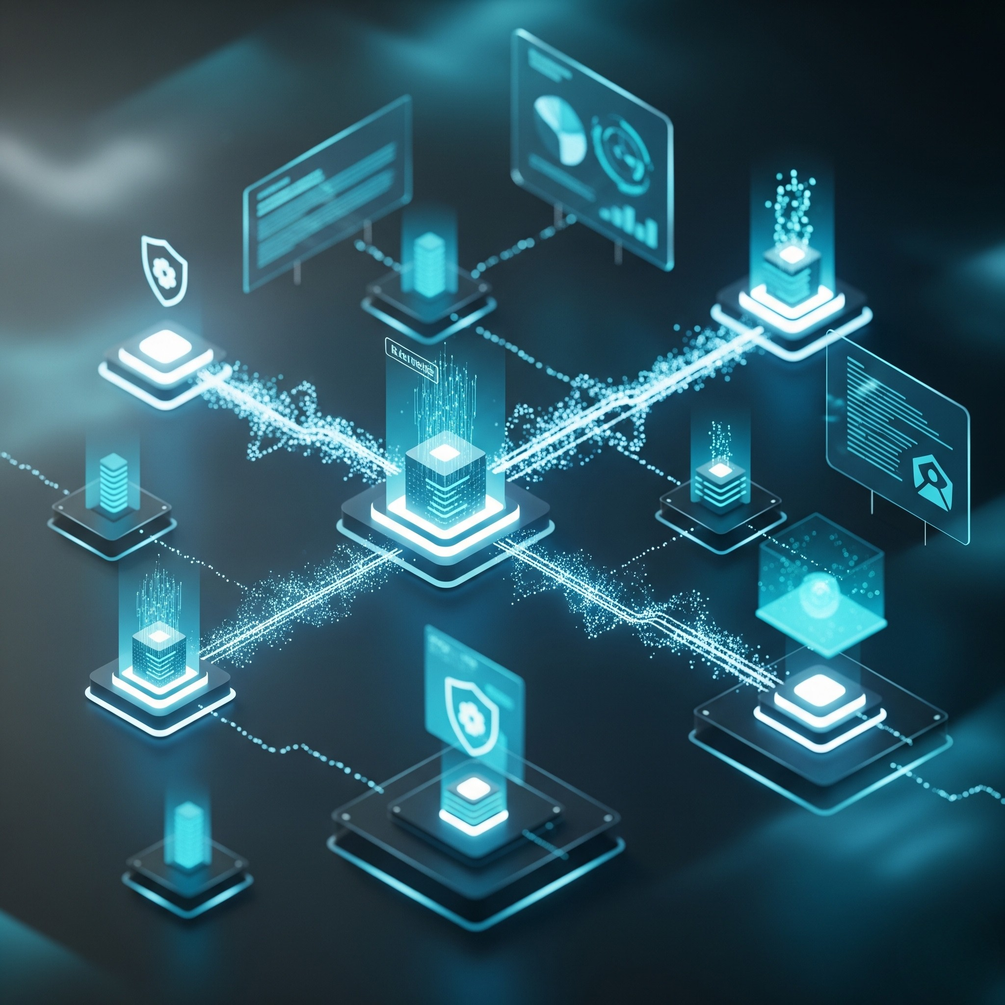 Digital illustration of interconnected data nodes and graphical data representations in a futuristic style.