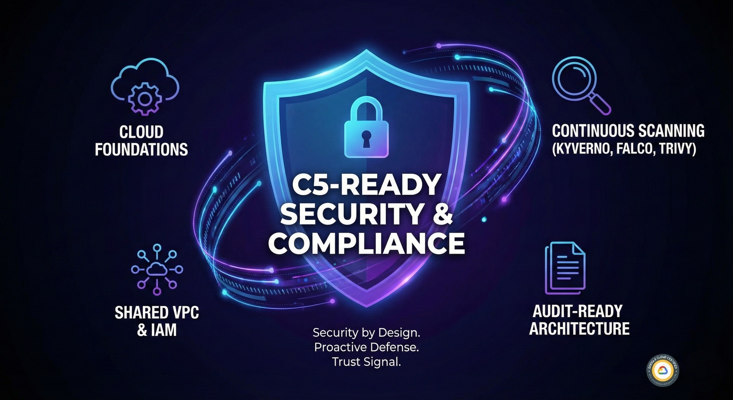 Graphic showing security features for C5-Ready Security & Compliance, including cloud foundations, continuous scanning, shared VPC & IAM, and audit-ready architecture, with a shield and lock icon in the center