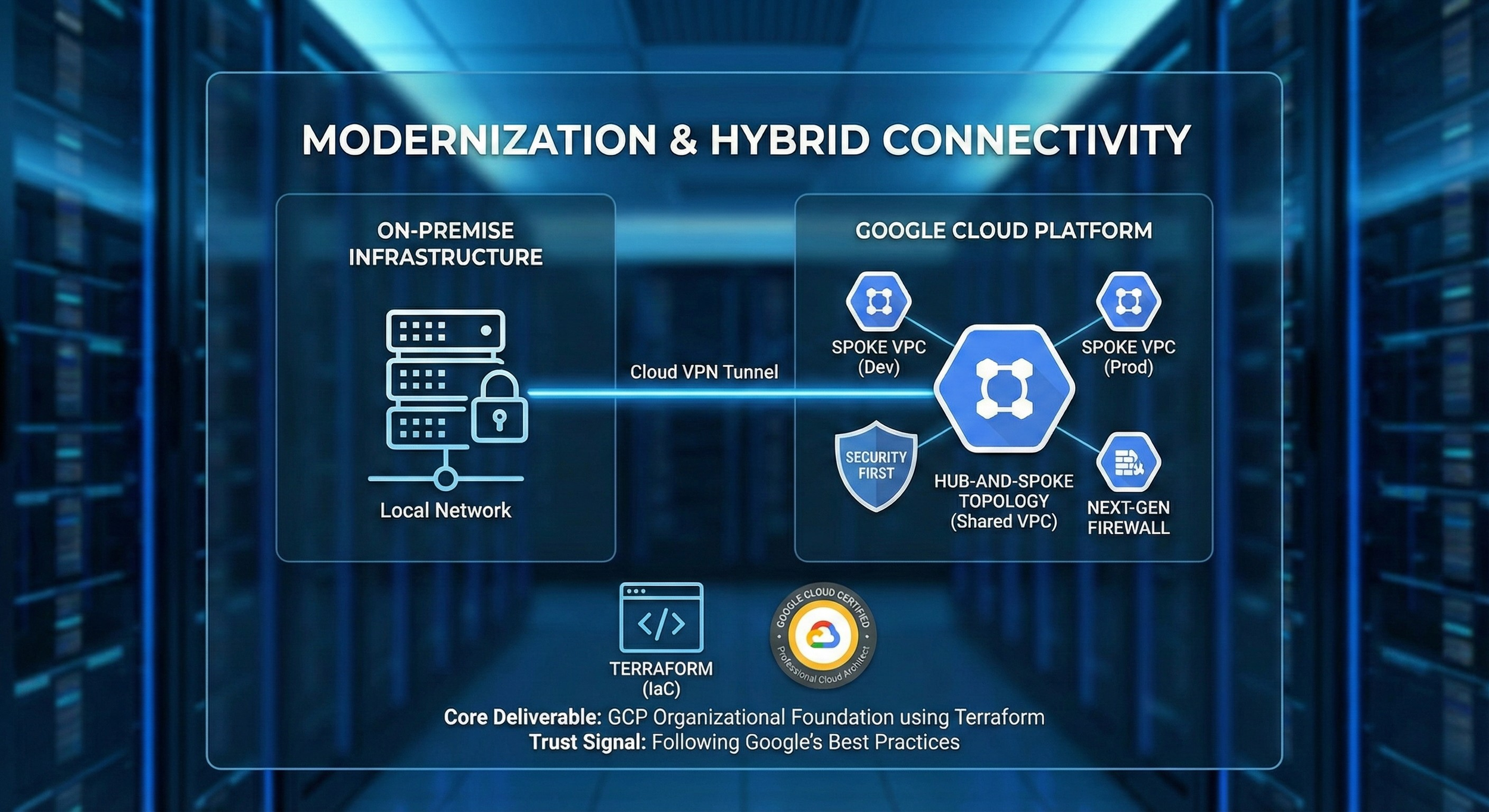 Diagram showing modernization and hybrid connectivity with on-premise infrastructure connected to Google Cloud Platform via Cloud VPN Tunnel, featuring spoke VPCs, shared VPC topology, next-generation firewall, and Terraform for organizational foundation, with icons representing local network, cloud VPN, and Google Cloud components.