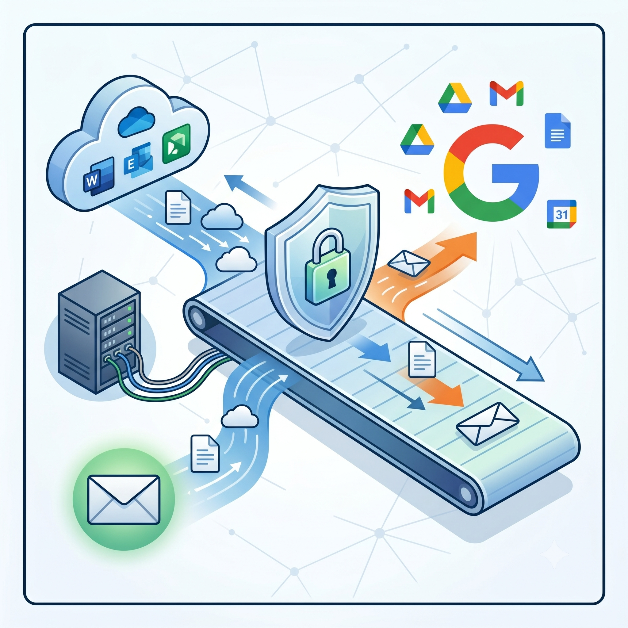 Illustration of cloud storage with icons for Word, Excel, PowerPoint, Google Drive, Gmail, and Google Calendar, connected through network lines, depicting data security and communication.