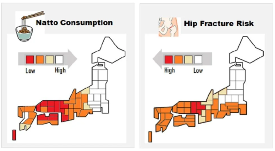Finally the following chart isn’t great science but but it’s interesting to see how natto consumption in Japan by region is inversely correlated with hip fracture risk, especially as vitamin D would likely be lower in the North