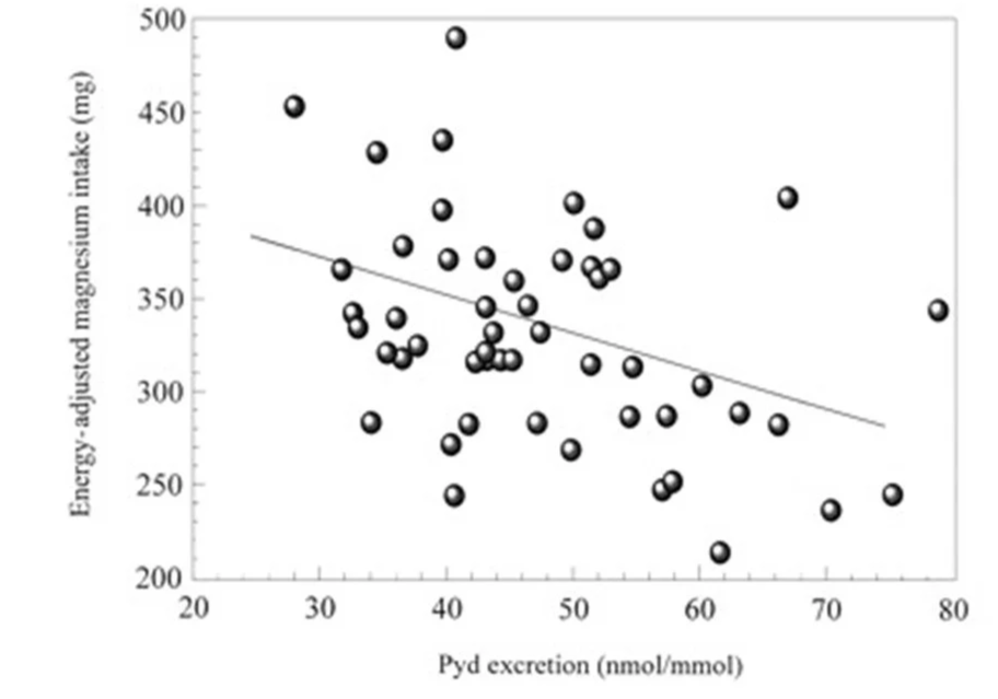 Correlation between energy-adjusted magnesium intake and pyridinoline (Pyd) excretion. r = –0.37, P < 0.005 The correlation coefficients were unaltered after adjustment for age, weight, height, and menopausal status.