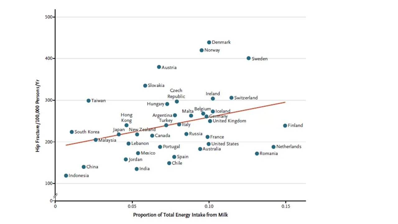 Graphical representation of rising osteoporotic fracture risk with increasing milk intake.