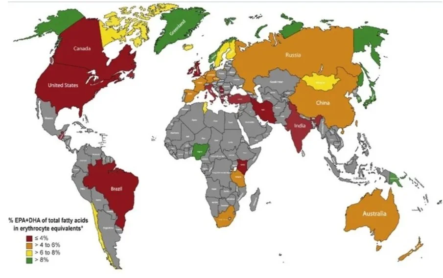 Global surveys of the blood EPA and DHA levels reveal the following omega-3 index map