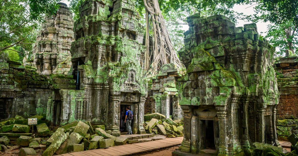 Ta Prohm temple ruins with moss-covered stone and large tree roots overgrowing the walls