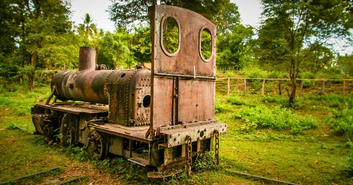 A rusting French colonial locomotive on Don Khon island in southern Laos