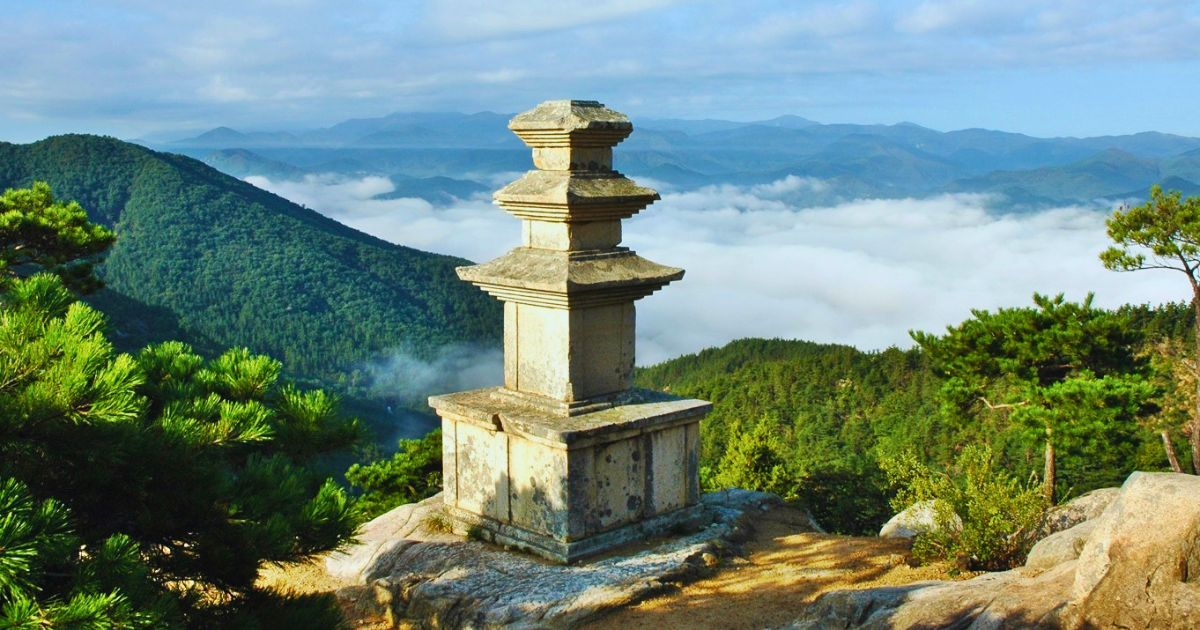 Stone pagoda on Mount Namsan overlooking the hills around Gyeongju
