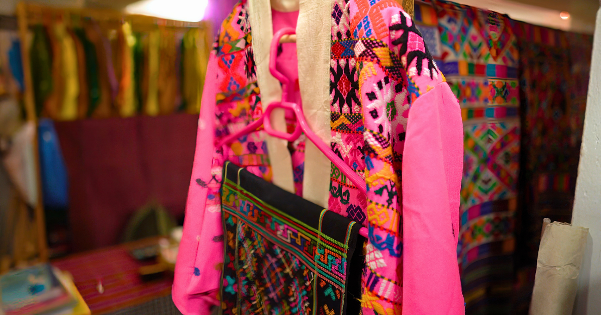 Handwoven Bhutanese textiles displayed at a weaving centre