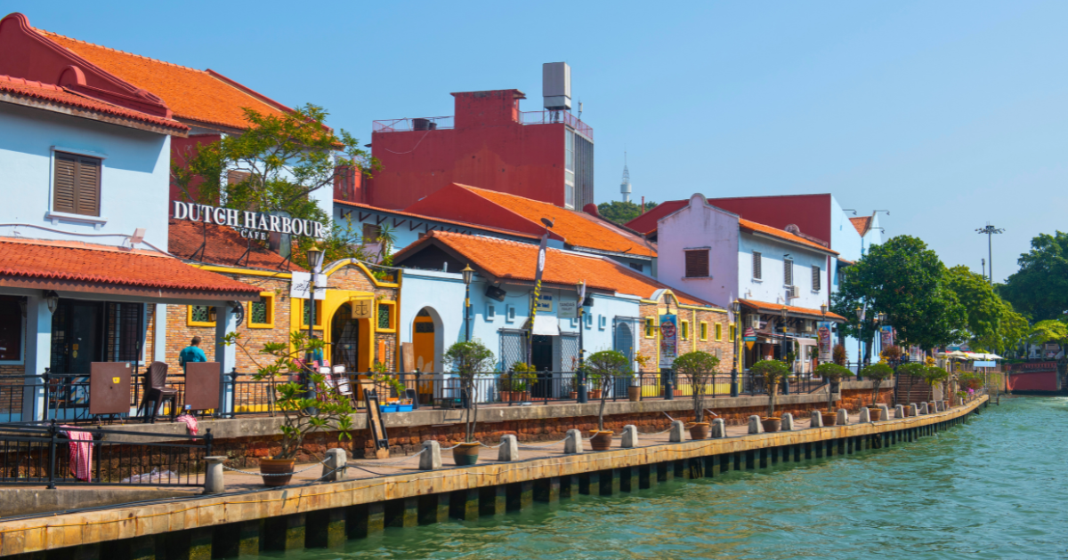 Restored colonial-era buildings along the Melaka River waterfront