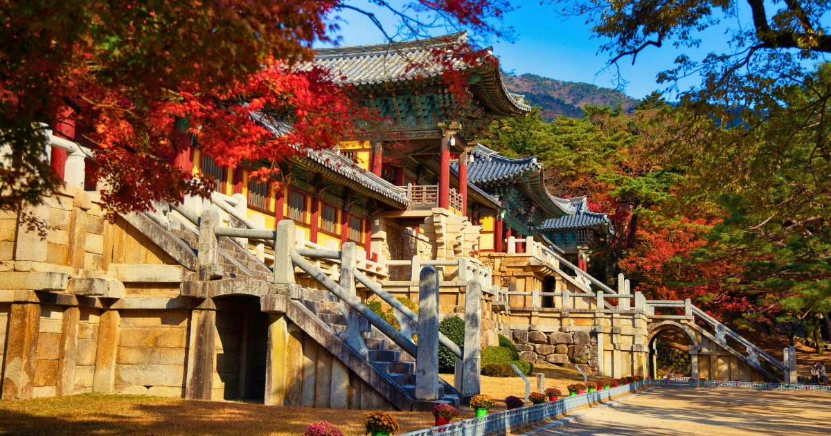 Stone terraces, stairways and temple halls at Bulguksa Temple in autumn
