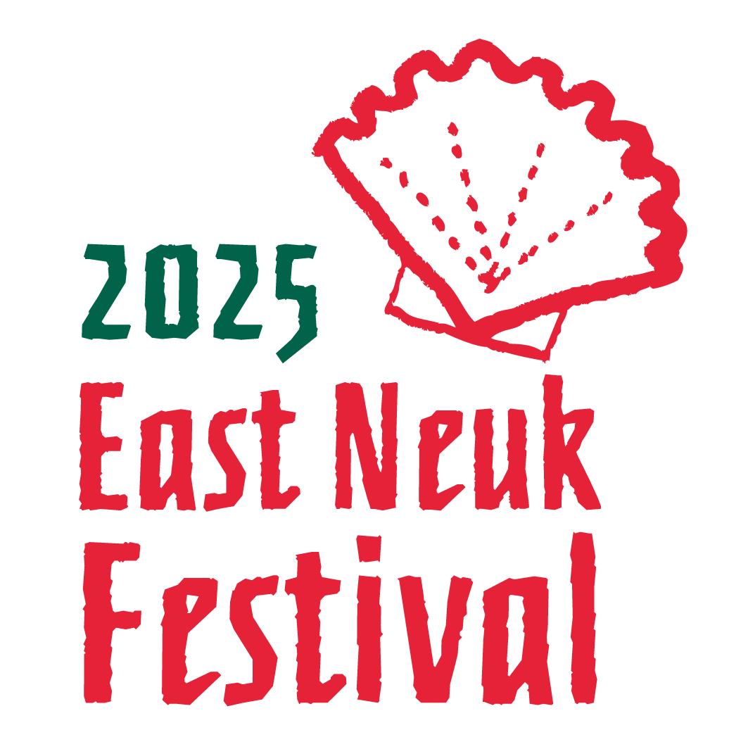 Design for the 2025 East Neuk Festival featuring a red shell illustration and green and red text.