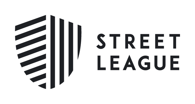 Logo of Street League featuring a shield with black and dark gray stripes and the text 'Street League' to the right.