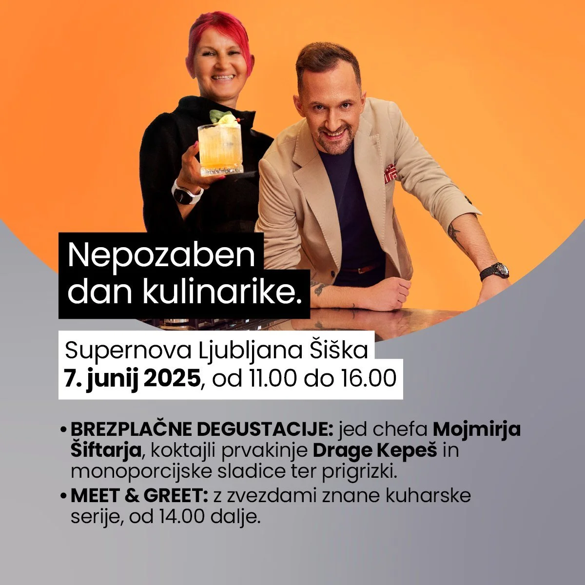 Pripravi se na kulinarično doživetje! 😋🍴

V soboto, 7. junija, te v Supernovi Ljubljana &Scaron;i&scaron;ka čakajo vrhunska hrana, osvežilne pijače, sladke dobrote in srečanje z zvezdami priljubljene kuharske serije! 👩🏼&zwj;🍳

Več tukaj &gt;&gt;