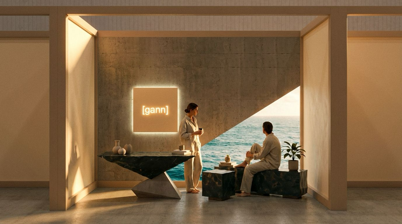 Two people in beige pajamas interacting inside a modern, minimalist room with a large open window overlooking the ocean. One person is standing with a coffee cup, and the other is sitting on a black marble bench with a potted plant nearby. A square art piece with the word '[gann]' in neon is on the wall.