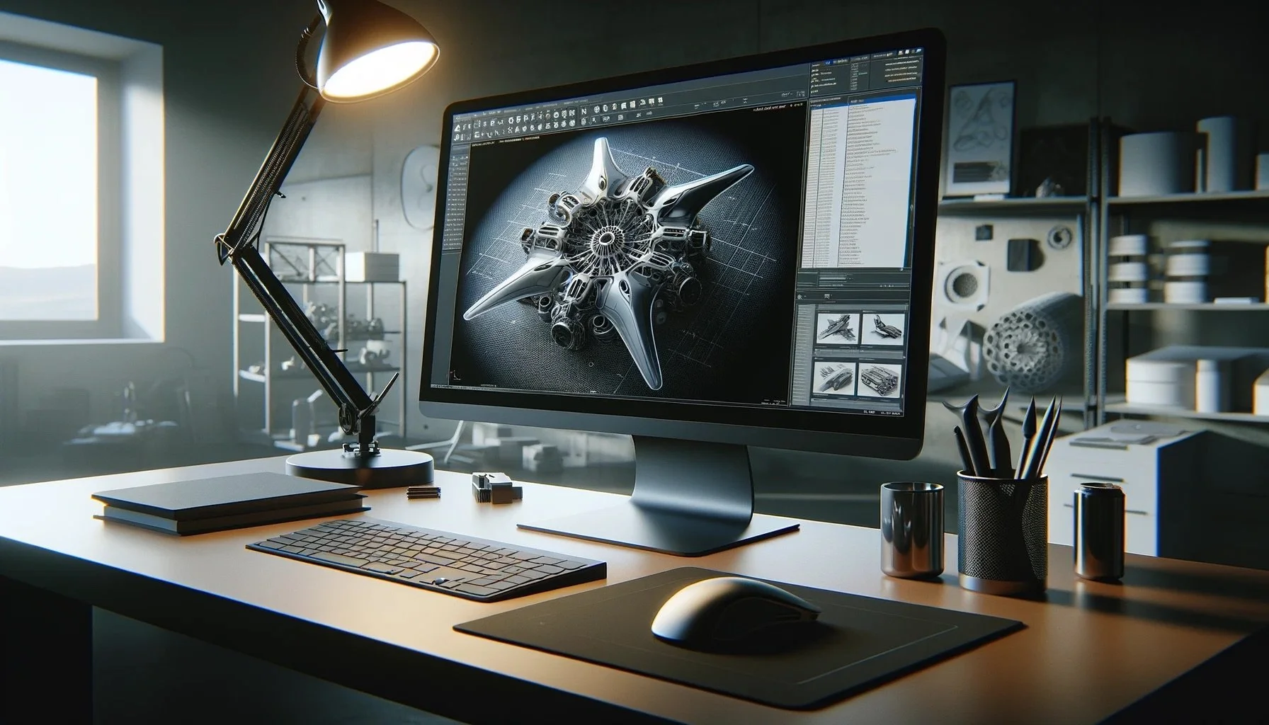 Design workspace with a computer monitor displaying a 3D model of a futuristic mechanical object, surrounded by drawing tools, a desk lamp, and storage shelves.