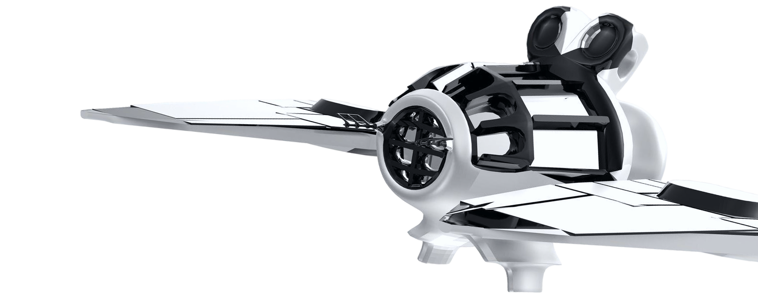 A futuristic spacecraft with black and white panels, a rounded cockpit, and star-like landing gear.