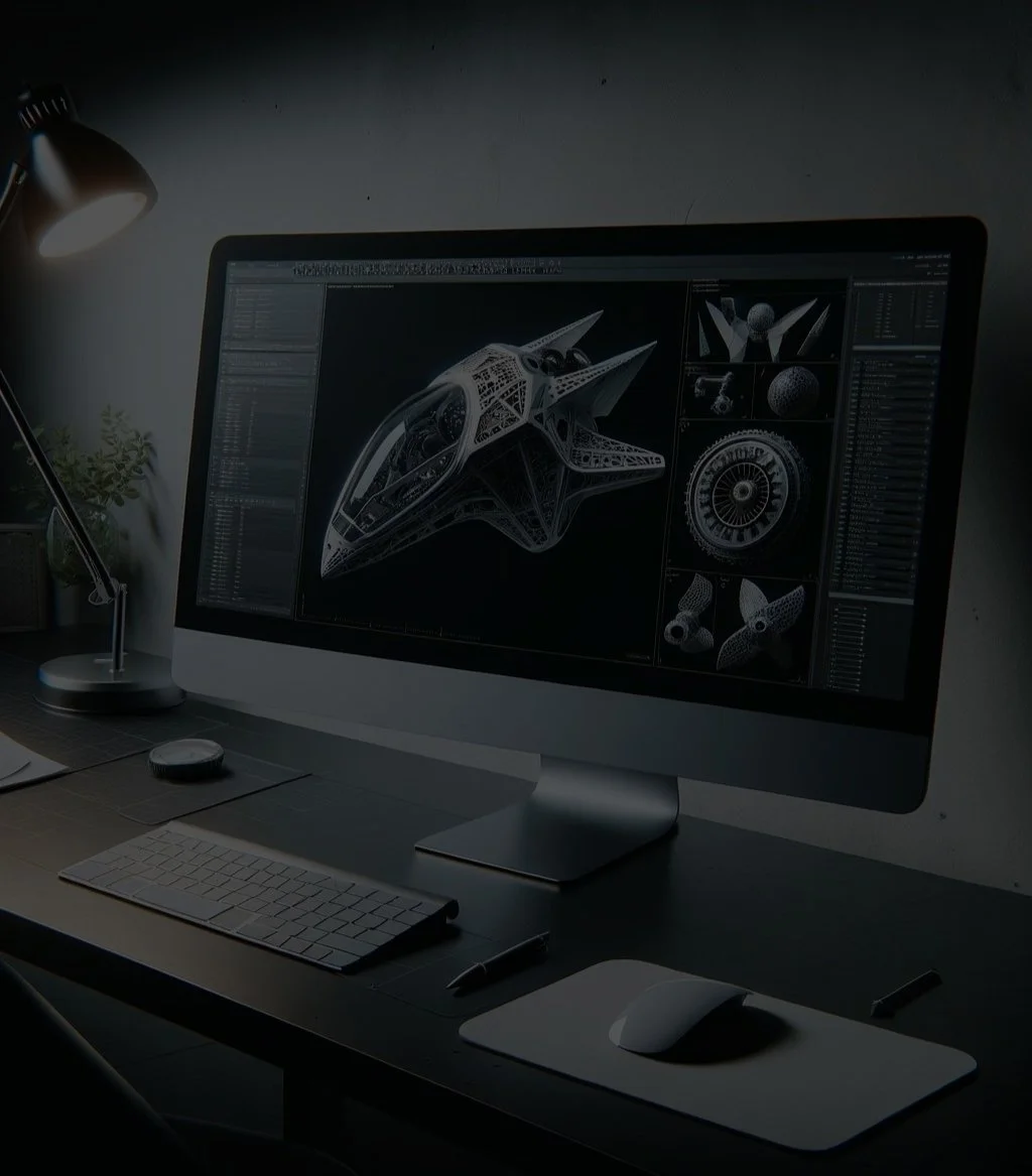 Computer screen displaying a 3D model of a futuristic spaceship with various design and texture details.