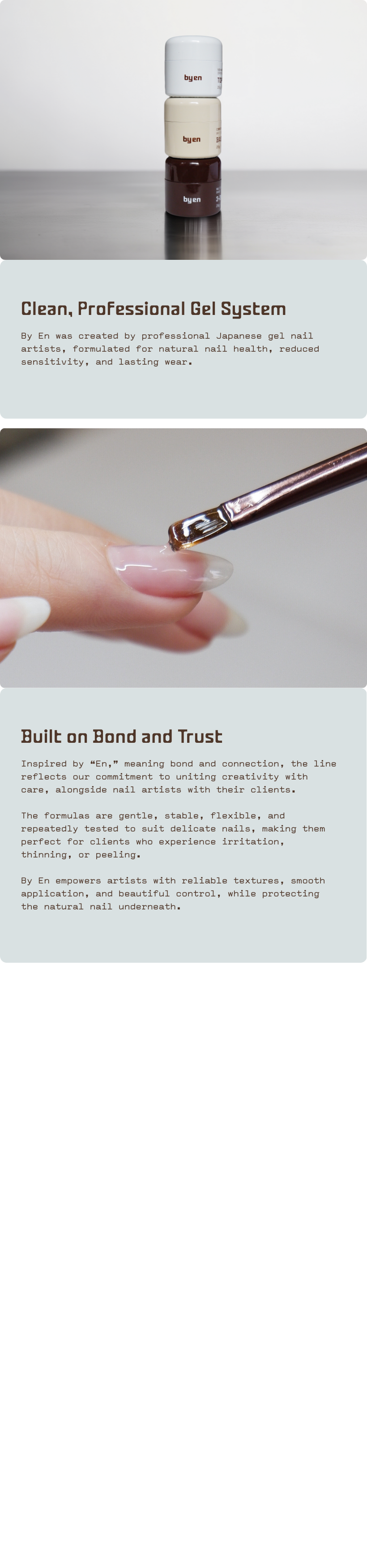 Stacked jars of professional gel nail products with a description of their natural, durable, and flexible formula, and a photo showing a close-up of a person applying clear gel onto their fingernail with a brush.