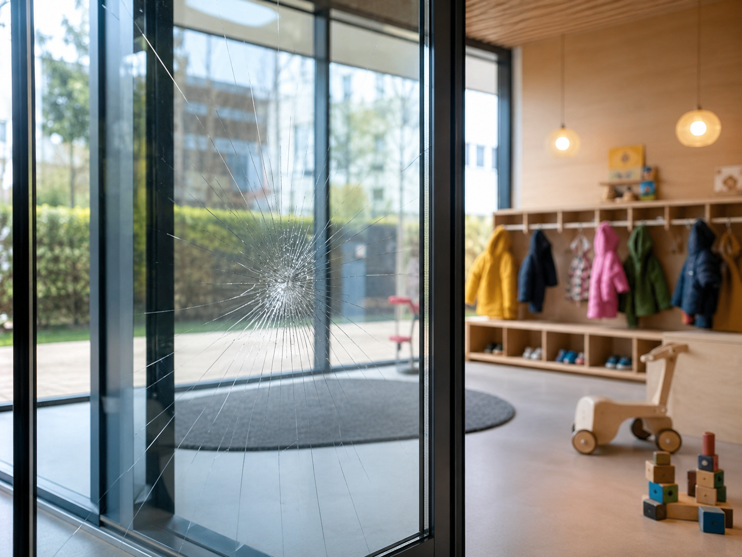 Kindergarten, defekte Scheibe, Splitterschutz, folminant