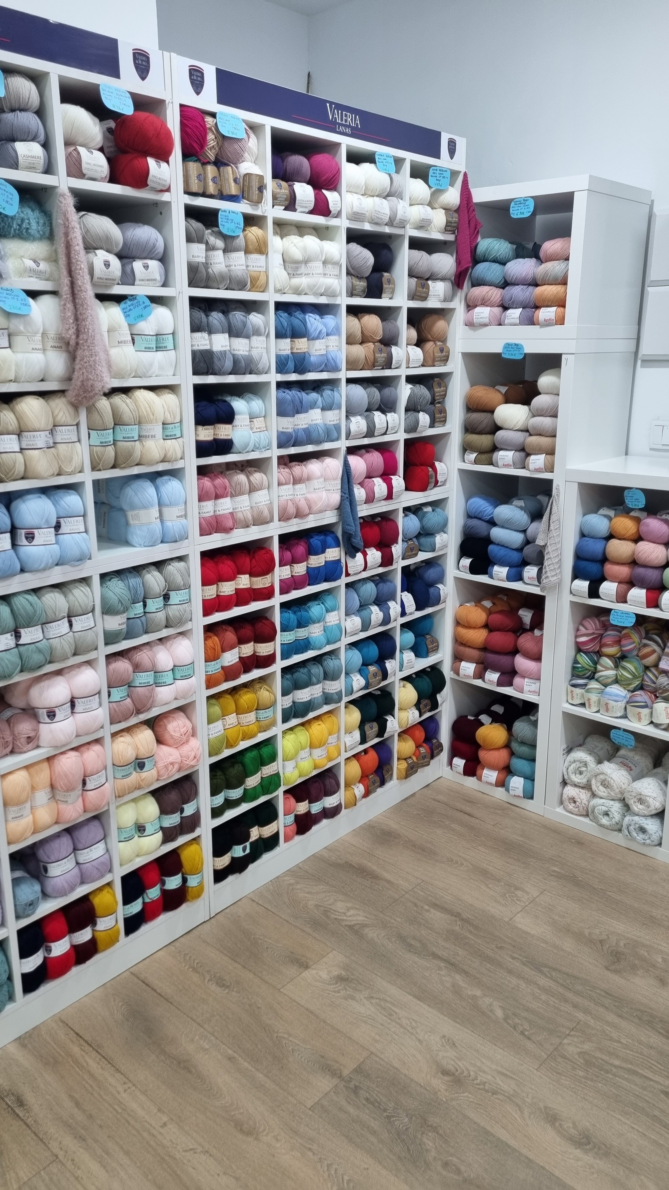 A selection of displayed yarn in a knitting store
