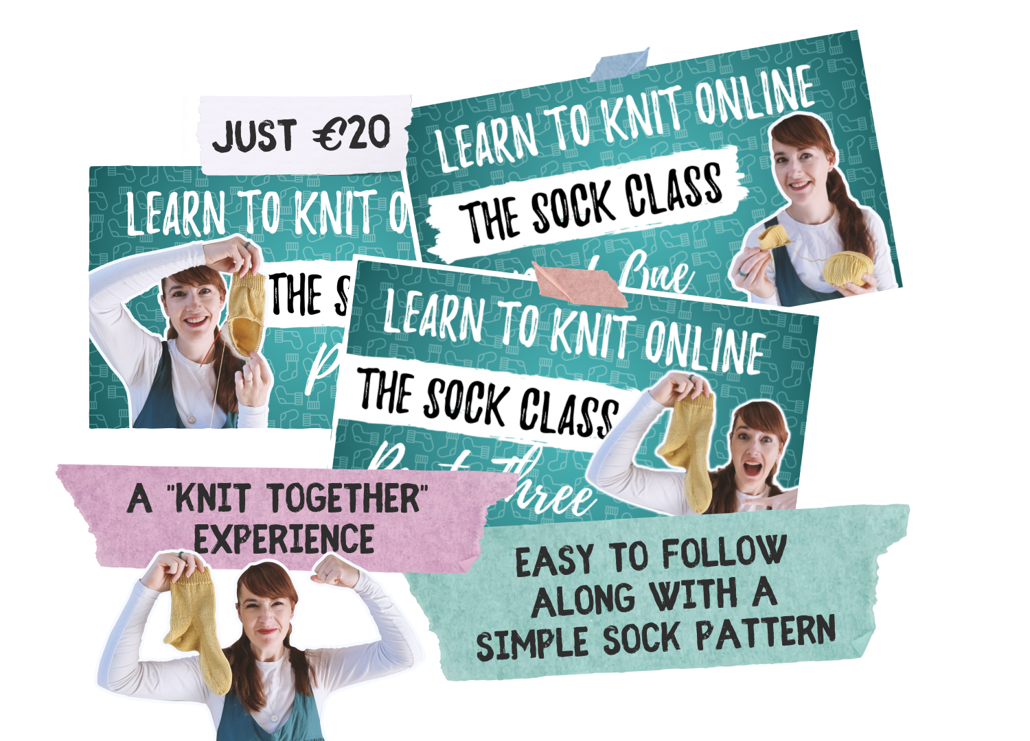Promotional flyers advertising an online sock knitting class, featuring a smiling woman with red hair holding a yellow sock and a ball of yarn, with text describing the class, pricing, and experience, including phrases like 'Learn to Knit Online,' 'The Sock Class,' and 'A Knit Together Experience.'