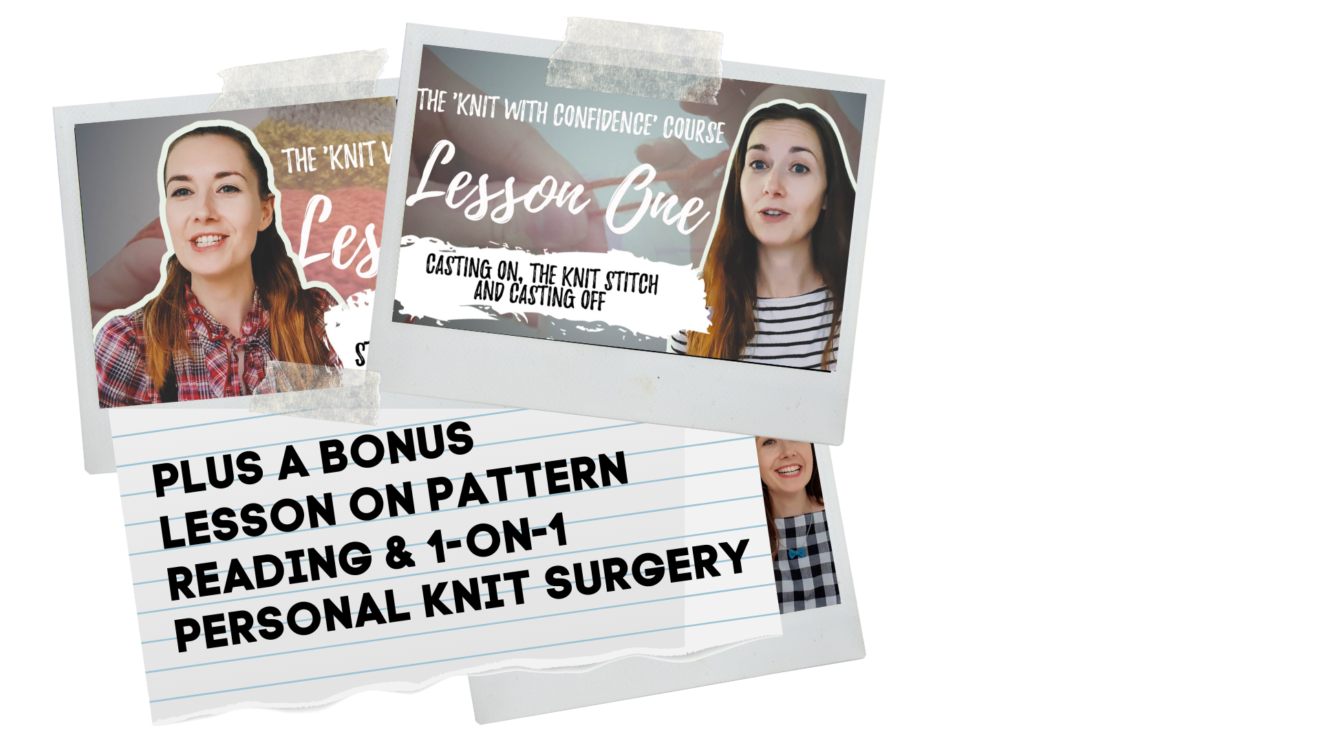 Promotional material for a knitting course titled 'Lesson One,' featuring a woman with long brown hair, discussing casting on and knitting techniques, with various layered photos and a handwritten note about a bonus lesson on pattern reading and personal knit surgery.