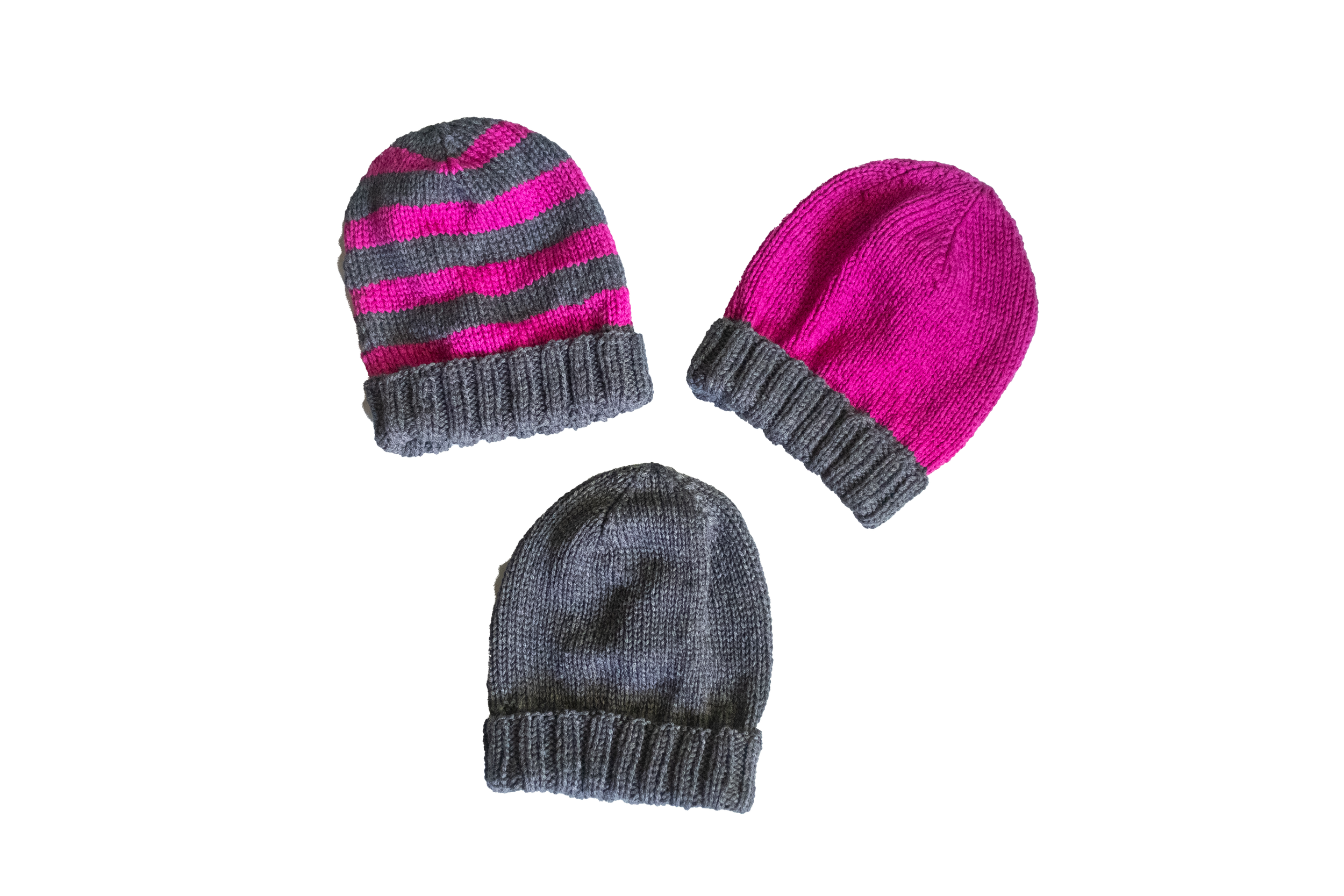 3 Beanie Hats in 3 different colour styles in Pink and Grey