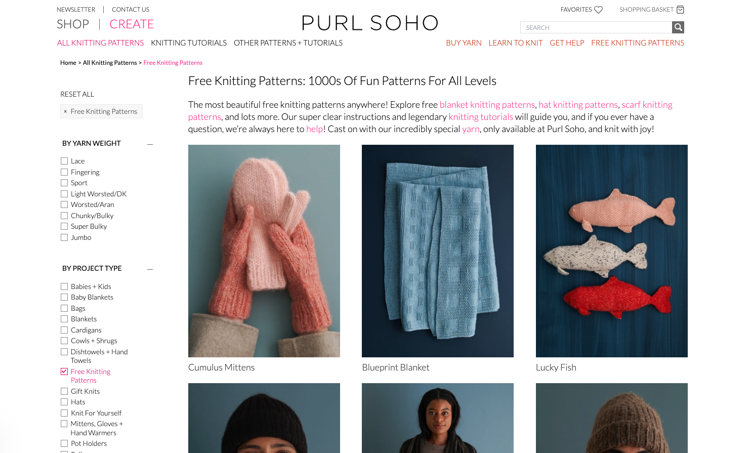 A screengrab of Purl Soho's free knitting pattern directory
