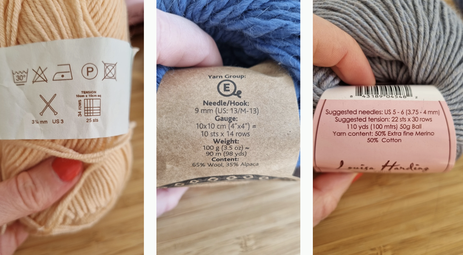 A collection of various coloured knitting yarns and their labels