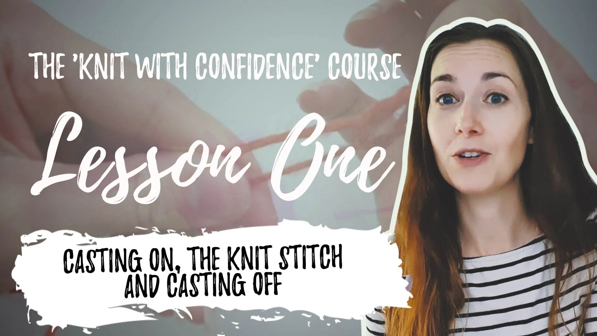 A woman with long brown hair and blue eyes speaking, with overlaying text about a knitting course.