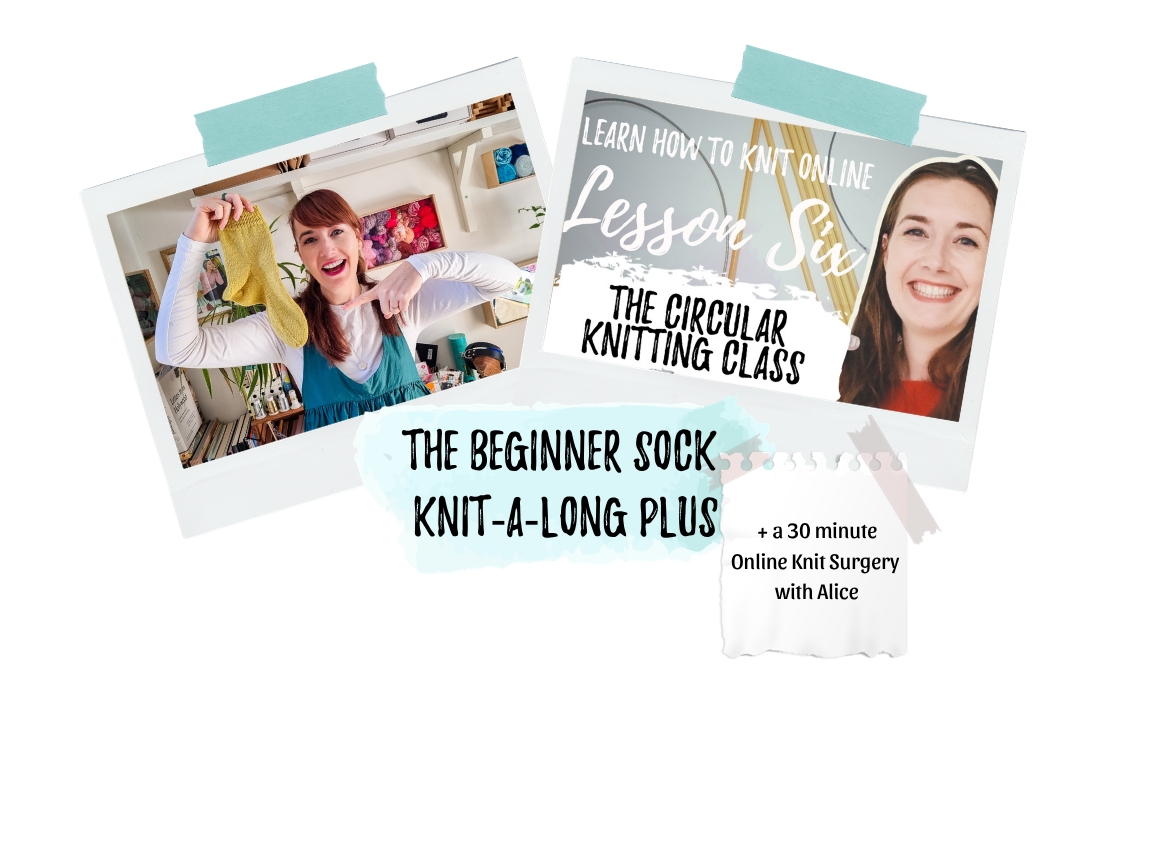 Promotional graphic with photos of women knitting, advertising an online circular knitting class called Lesson Six, titled 'The Circular Knitting Class.' Includes text about beginner sock knit-a-long and a 30-minute online knit surgery with Alice.
