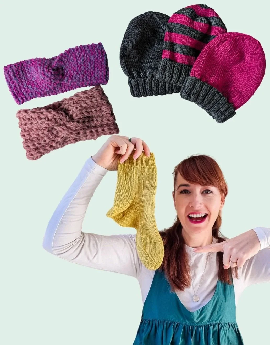A woman holding a yellow knitted sock with a smile, surrounded by colorful knitted hats and headbands against a light background.
