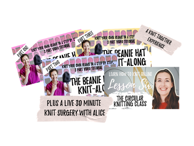 Collection of promotional cards and flyers for online knitting tutorials, including a beanie knitting class, a live 30-minute knitting surgery with Alice, and a circular knitting class, featuring images of smiling women and instructional text.