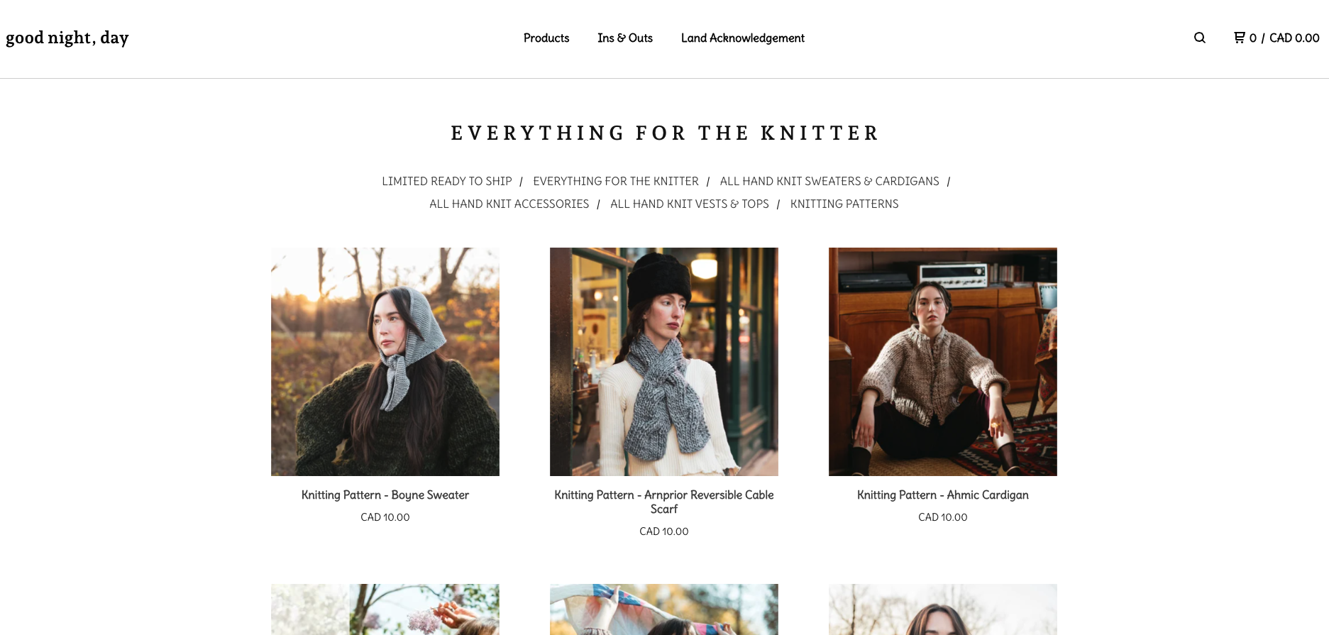 Screengrab of knitting patterns from Good Night Day