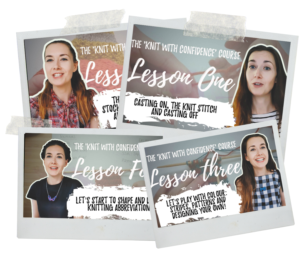 Series of four photos promoting the 'Knit with Confidence' course, each featuring a woman and text about knitting lessons, including topics like casting on, knit stitch, casting off, shaping, coloring, and designing.