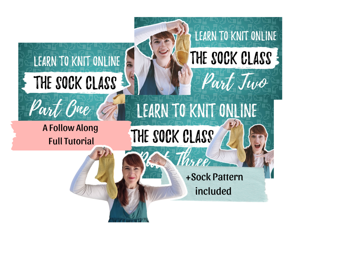 Digital collage promoting an online sock knitting class, featuring a woman holding a yellow sock and yarn in various poses, with text advertising parts one, two, and three of the tutorial along with sock patterns included.