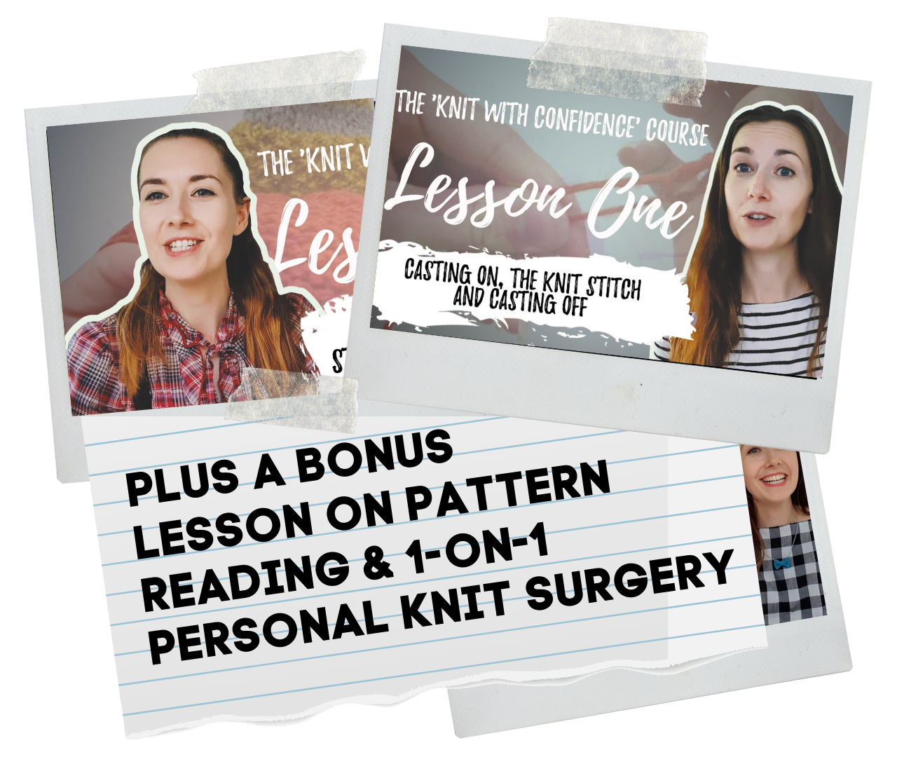 Promotional collage for knitting course featuring smiling women and text about lessons on knitting techniques, pattern reading, and personal knit surgery, with tape accents and a notebook-style background.