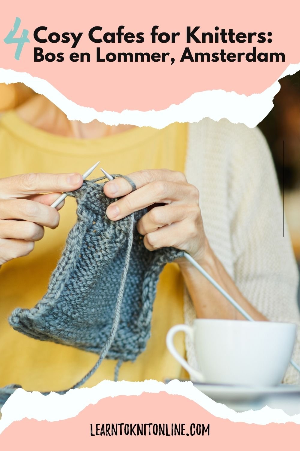 White female hands knit with green yarn with a cup of coffee beside her