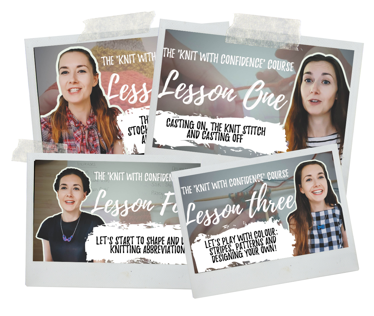 Four Polaroid-style images of women, each with a title and description for a knitting course, featuring different women in various settings, with colorful borders and tape effects.
