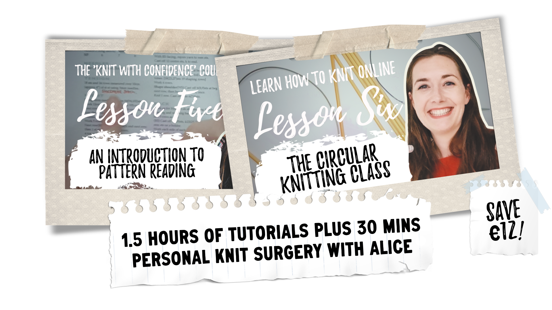 Promotional collage for an online knitting course featuring two lessons, Lesson Five on pattern reading and Lesson Six on circular knitting, with a smiling woman's photo and various paper textures.