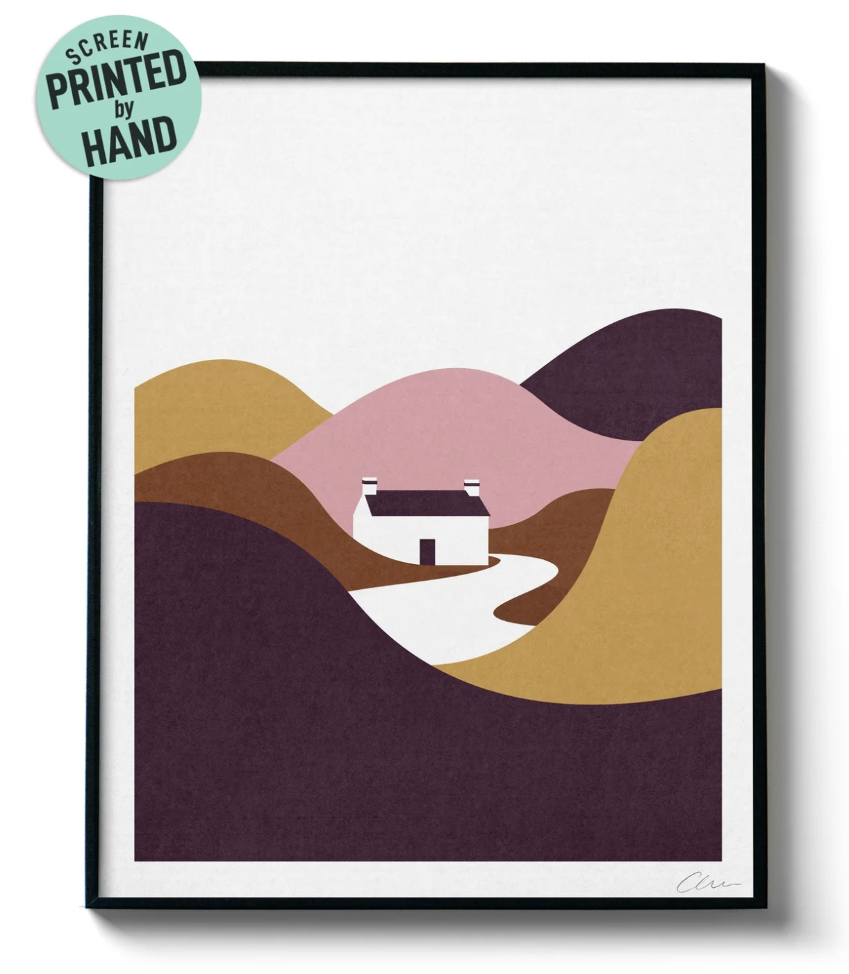 A conceptual screenprint of a house in a valley