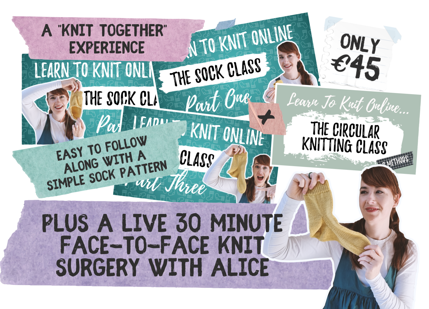 Collage of promotional graphics for online knitting classes, featuring images of a woman holding a yellow sock and various school-related signs, including details about sock and circular knitting classes and a face-to-face surgery session with Alice.